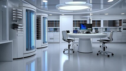 Poster - Advanced biocomputer laboratory showcasing cutting-edge technology and sleek design