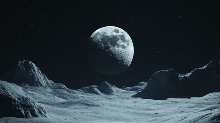 Canvas Print - a lunar landscape with a large moon and starry sky, depicting a serene extraterrestrial scene.