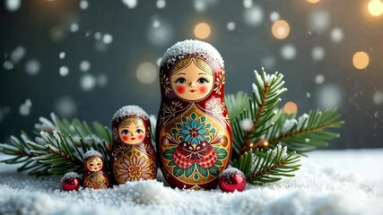 Wall Mural - Three Russian dolls are sitting on a snowy ground