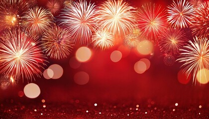 Wall Mural - fireworks and bokeh banners on red background used in new year s celebrations wallpaper illustration