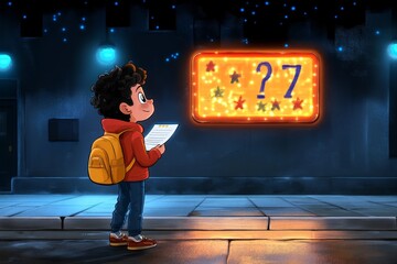 Poster - A pixel art depiction of an evaluation scene, with a retro character filling out a form and a glowing scoreboard showing their performance rating