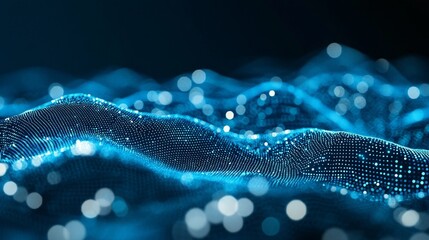 Poster - Abstract representation of digital waves with glowing particles and depth.