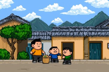 Aufkleber - A pixel art scene of a small village implementing ethical practices, with animated characters recycling, farming, and selling fair-trade goods in a retro aesthetic