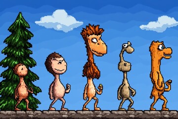 Poster - A pixel art timeline of evolution, with small animated creatures transitioning into humans in a retro video game style