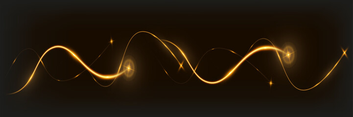 Poster - 	
Golden glowing wave lines on dark background with sparkling light effects, elegant abstract design for technology, luxury, or festive themes.