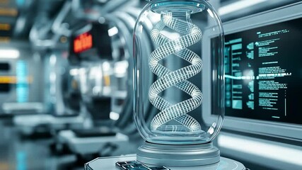 Poster - A futuristic biocomputer is displayed inside a transparent container, featuring a spiral structure in a lab