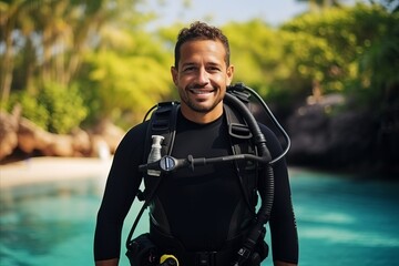 Wall Mural - Portrait of a happy young man with scuba gear looking at camera