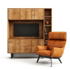 Poster - Stylish tv unit and comfortable leather armchair creating a cozy atmosphere in a contemporary living space