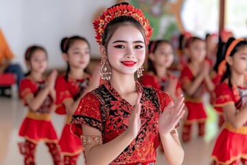 Poster - A teacher in ethnic attire guiding children through a traditional dance lesson in a vibrant classroom