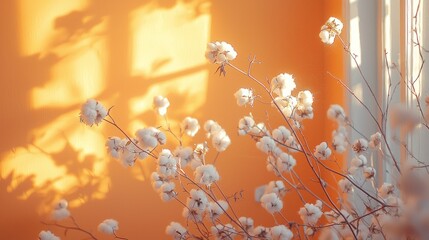 Poster - Cotton branches adorned with delicate white blooms create a serene focal point, their shadows playfully dancing on a warm orange wall, adding warmth to the inviting atmosphere