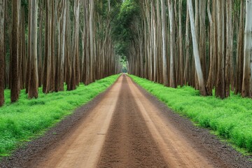Poster - A trail through a eucalyptus forest, with light filtering through the dense canopy