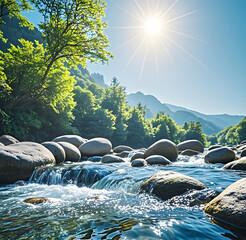 Wall Mural - landscape with rocks and sun