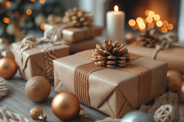 Wall Mural - A stack of brown boxes with pine cones on top and a lit candle in the middle