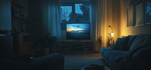 Wall Mural - A cozy living room with a TV displaying a serene landscape at dusk.