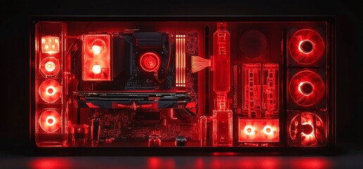 Poster - A computer case illuminated in red, showcasing internal components and cooling.
