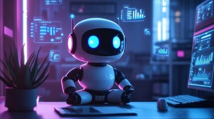 Poster - A cute robot sits at a desk with digital data displays in a futuristic setting.