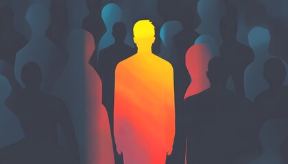Aufkleber - Unique Silhouette of a Standing Figure Surrounded by Abstract Dark Shadowy Forms Representing Individuality and Distinction in a Crowd of Similarity