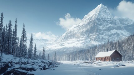 Poster - A serene winter landscape featuring a cabin amidst snow-covered mountains and pine trees.