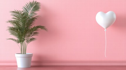 Wall Mural - Minimalist living room with pink smooth wall with white potted plant and single white heart-shaped balloon, harmonious design background