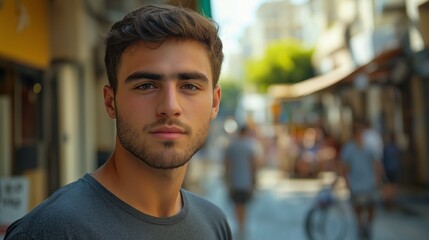 Wall Mural - Man with a beard and glasses is standing in front of a building