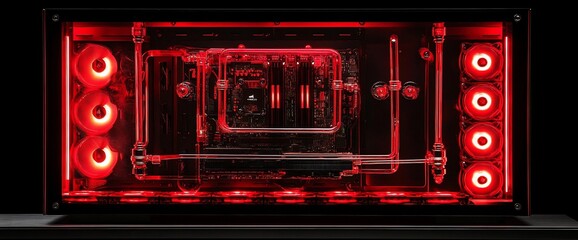 Aufkleber - A high-performance computer with red LED lighting and liquid cooling system.
