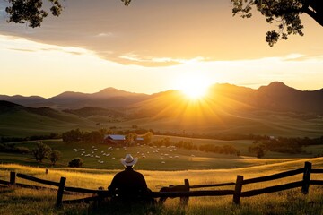 Wall Mural - Cowboy watches sunset over rolling hills and farmland with grazing sheep in the background