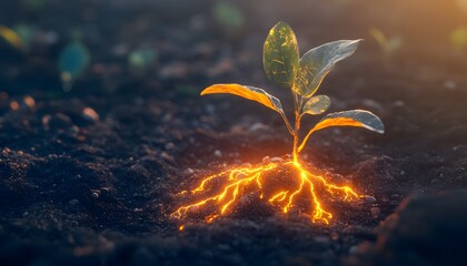 Poster - Vibrant Green Plant with Glowing Roots Emerging from Dark Soil, Symbolizing Growth, Renewal, and the Life Cycle of Nature in a Radiant Environment