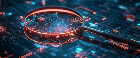 Poster - A magnifying glass over a digital circuit board, symbolizing technology analysis.
