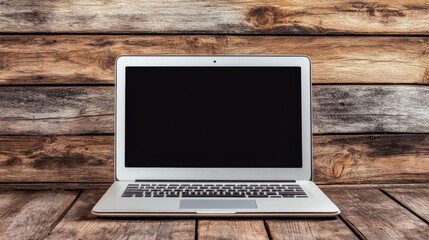 Poster - A silver laptop sits on a wooden surface, showcasing a blank screen.