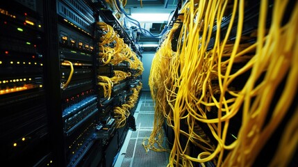 Fototapete - A server room filled with network cables, showcasing technology infrastructure.
