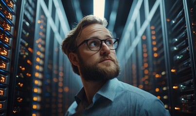 Poster - A man in glasses stands in a server room, surrounded by illuminated servers.