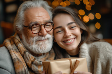 Wall Mural - A man and a woman are hugging and smiling, with the man wearing glasses