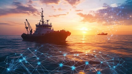 Poster - A ship at sunset with a digital network overlay, symbolizing maritime technology.