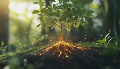 Poster - Lush Green Tree Emerging from Vibrant Roots with Glowing Energy in a Serene Forest Setting, Capturing the Essence of Nature and Growth
