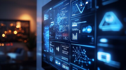 Poster - Futuristic digital dashboard display on a screen showing data analytics and graphs in a modern home setting.