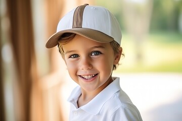 Wall Mural - Portrait of a cute little boy in baseball cap smiling at camera