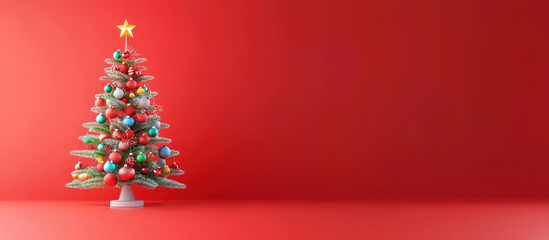 Wall Mural - festive christmas tree adorned with colorful ornaments against a red backdrop