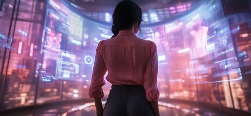 Poster - A person observes a futuristic digital interface filled with data visuals.