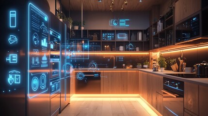 Poster - Smart kitchen with holographic interface showing appliance controls and data.