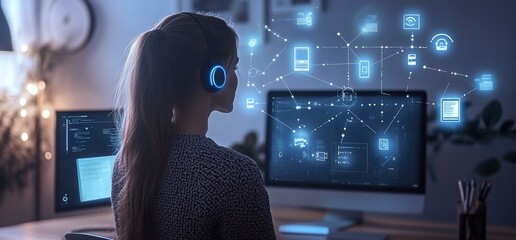 Poster - A person with headphones working on a computer, surrounded by digital icons.