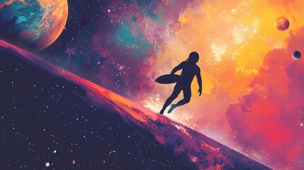 Poster - A silhouetted figure surfing through a vibrant cosmic landscape filled with planets and colors.