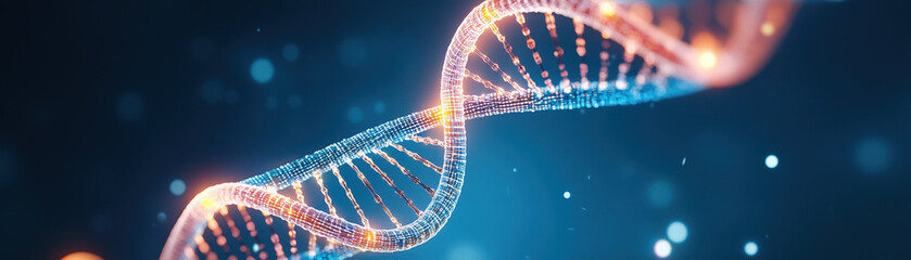 Poster - vibrant DNA strand illuminated with glowing lights, showcasing intricate details and futuristic aesthetic. This captures essence of genetic science and innovation