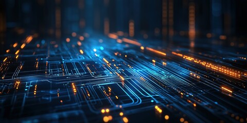 Fototapete - Abstract representation of dynamic data flow in a futuristic digital landscape with glowing circuit patterns