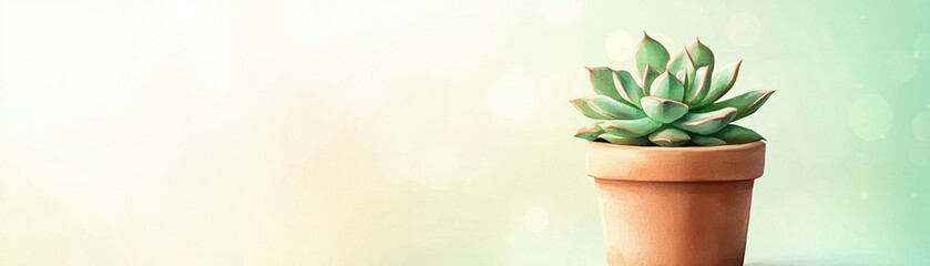 Poster - beautiful watercolor painting of potted succulent plant, showcasing vibrant green leaves in terracotta pot against soft, pastel background. This artwork adds serene touch to any space