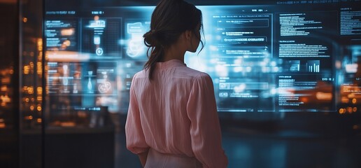 Poster - A woman interacts with futuristic digital interfaces and data displays.