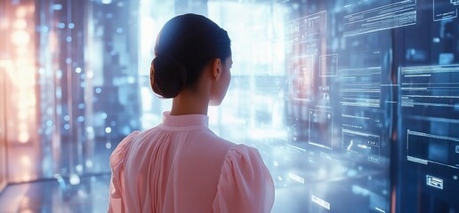 Poster - A woman interacting with a digital interface in a futuristic environment.
