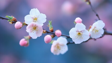 Poster - Delicate blossom on a branch with soft pink and white flower against a blurred background.