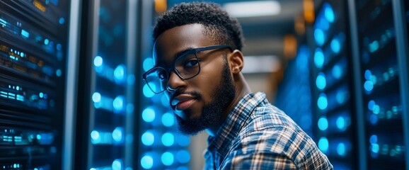Poster - A young man in glasses poses in a server room with glowing blue lights.