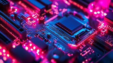 Poster - Close-up of a circuit board illuminated with vibrant pink lights.