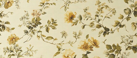 Poster - Elegant floral fabric design featuring soft yellow blooms and green leaves on a subtle textured background